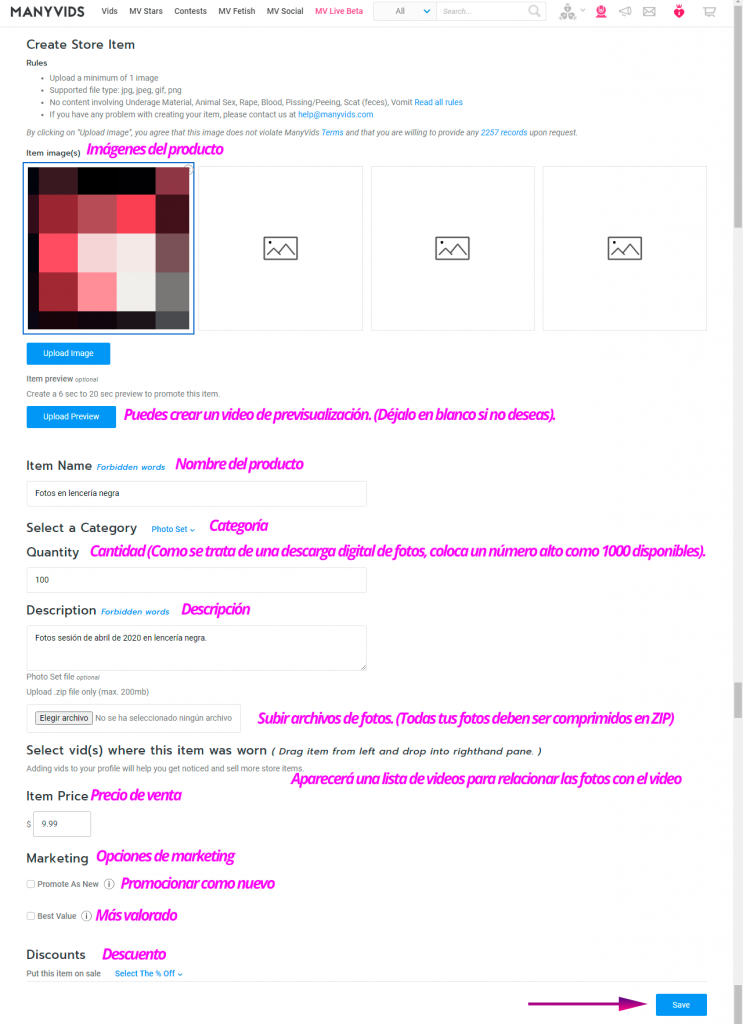 Información del producto en venta en ManyVids