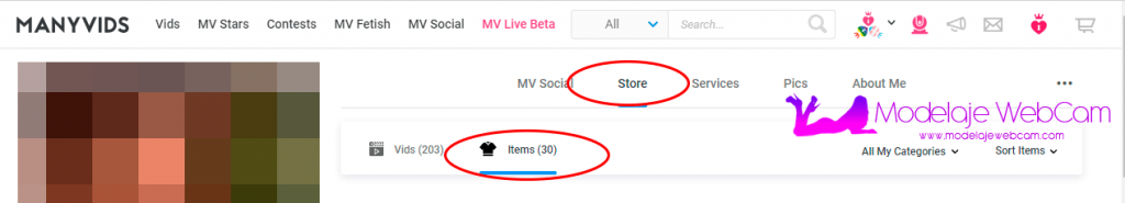 Lista de productos en venta en ManyVids