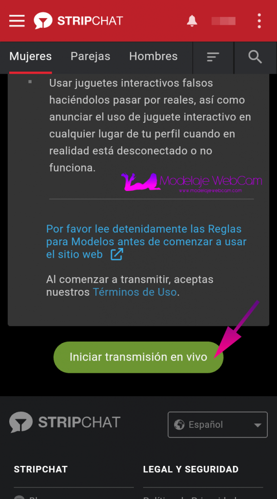 Transmitir show de StripChat desde el celular