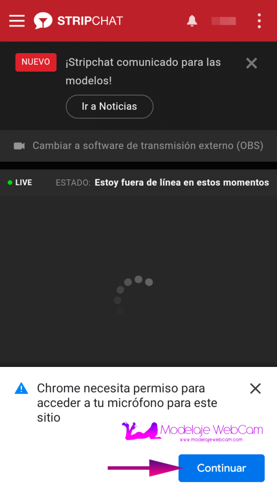 Dar permiso de acceso a la cámara y audio a Stripchat 