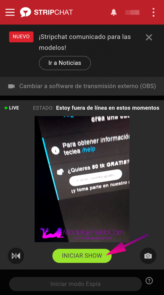 Transmitir show de StripChat desde el celular