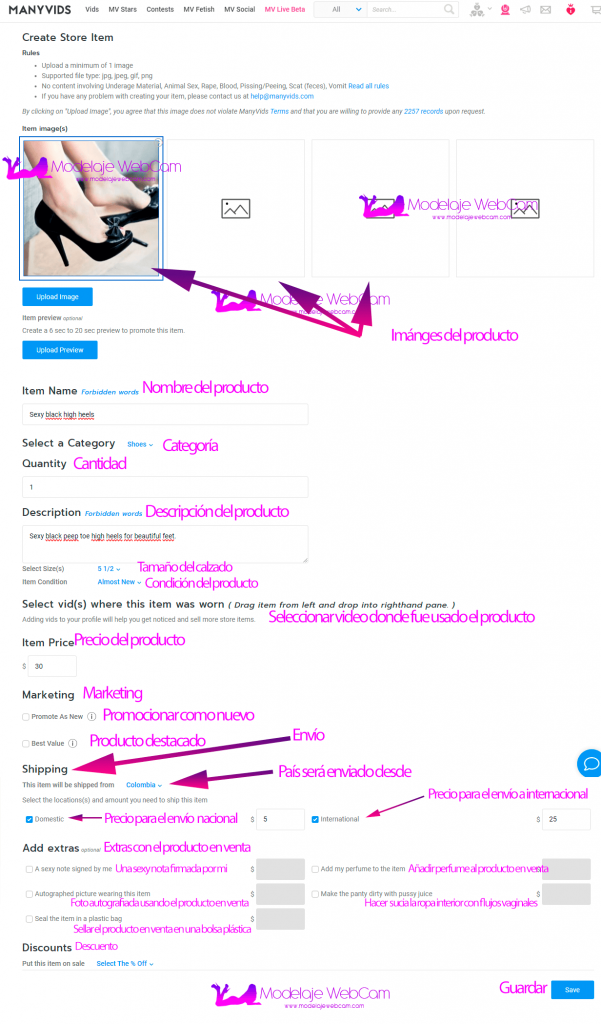 Agregar precio de envío al producto en venta en ManyVids