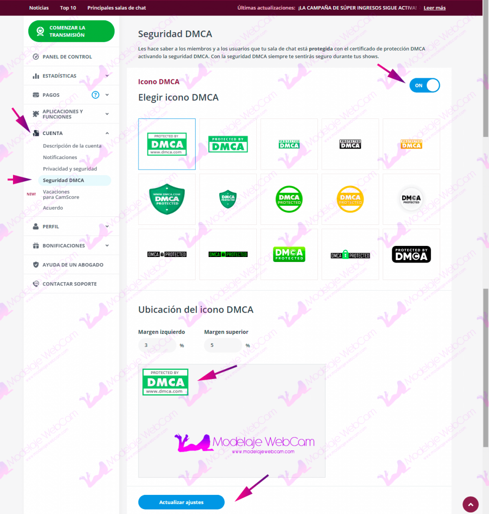 Activar o colocar logo de DMCA en Bongacams