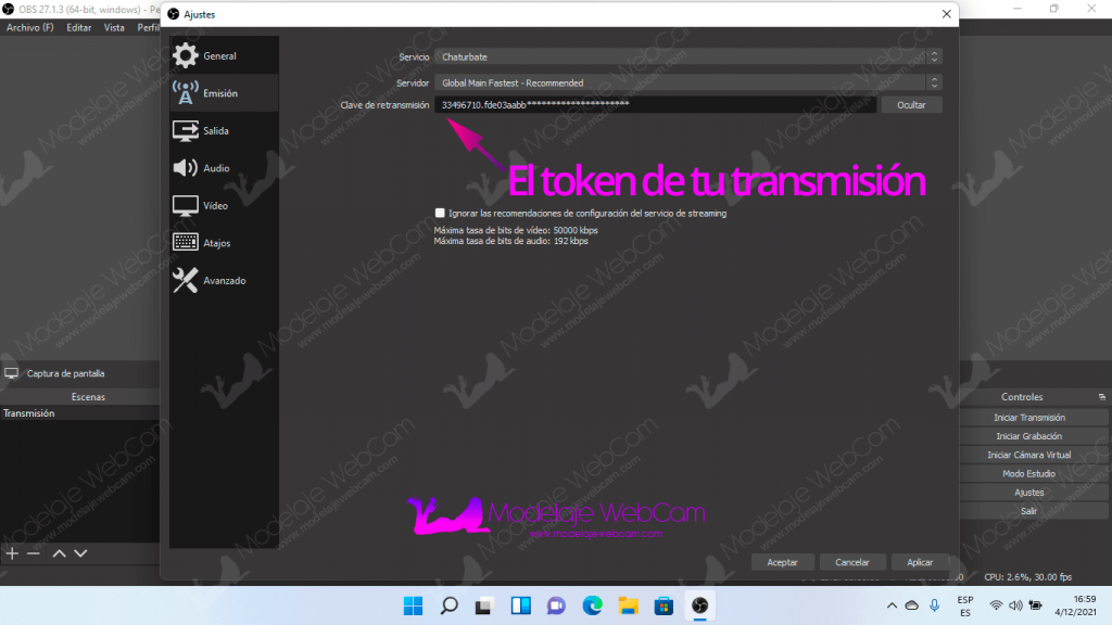 OBS - Pegar la clave o token de transmisión de Chaturbate