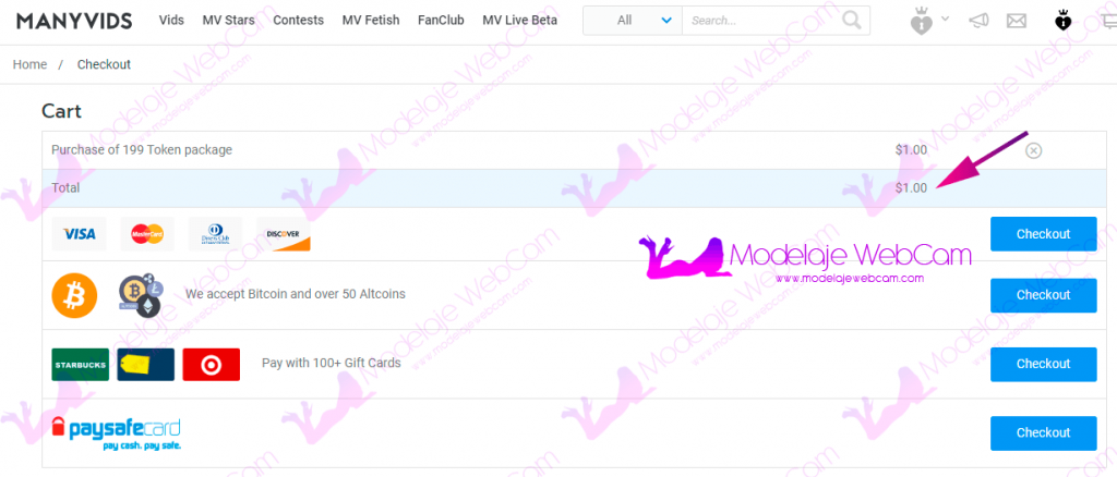 Manyvids - Pago 199 tokens por 1 dólar
