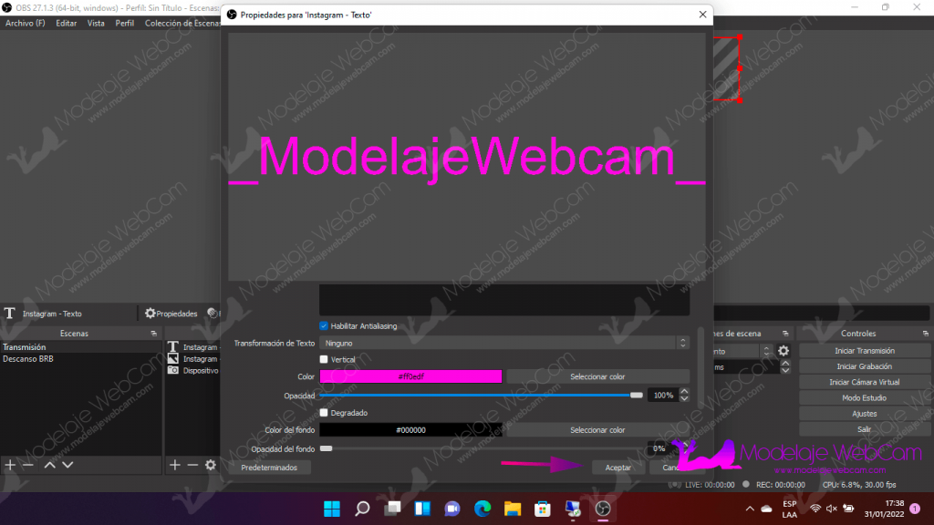 Seleccionar color de texto para OBS