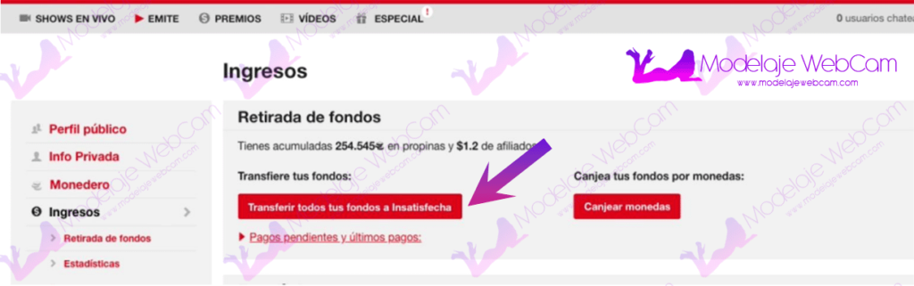 Amateur.tv - Transferir fondos a cuenta de studio