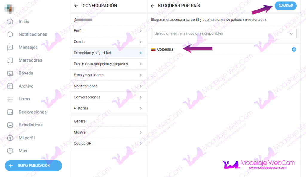 OnlyFans - Menú bloquear por país