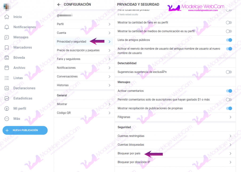 OnlyFans - Menu privacidad y seguridad