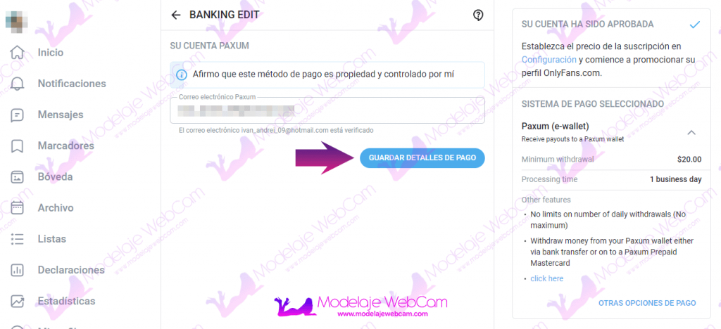 Cómo seleccionar a Paxum como método de pago en OnlyFans