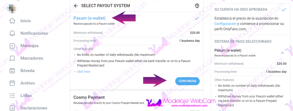 Seleccionar Paxum como método de pago en OnlyFans