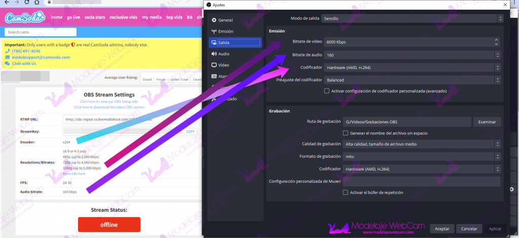 Configurar CamSoda con OBS - Bitrate de audio y video