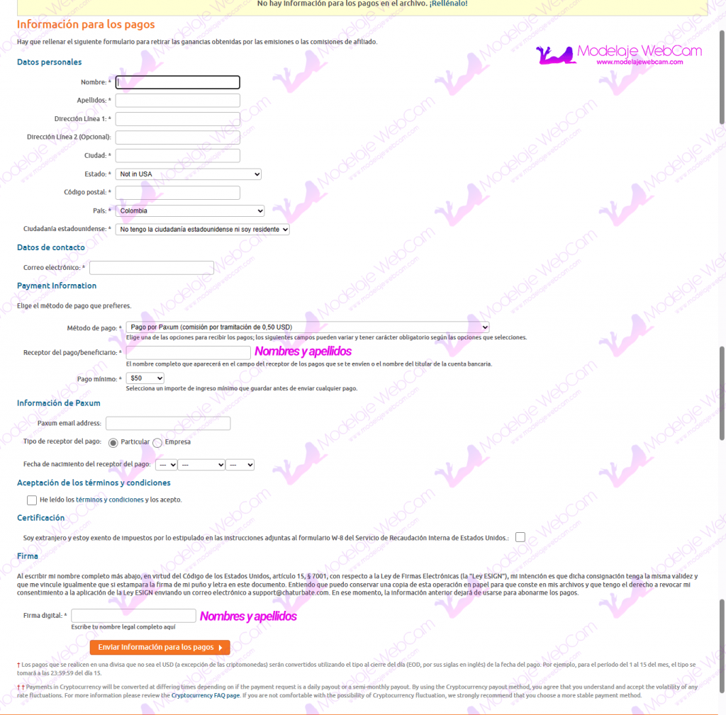 Configurar Paxum como método de pago en Chaturbate