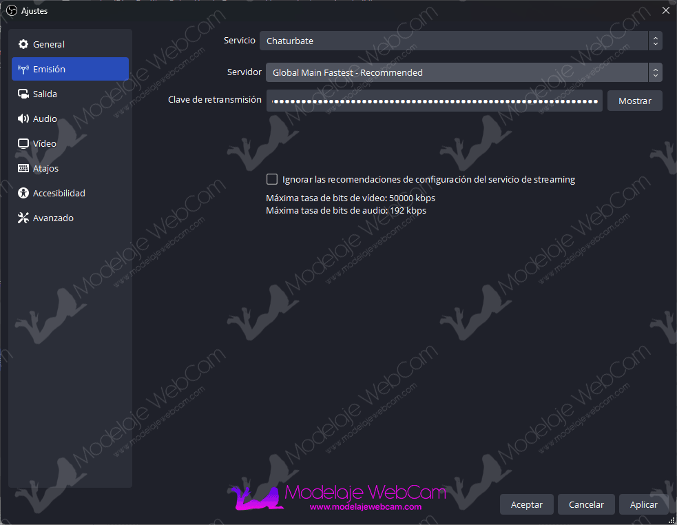 Configurar OBS con servidor de Chaturbate en modo recomendado