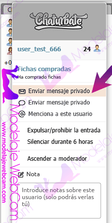 Chaturbate - Menú contextual con opciones para el usuario