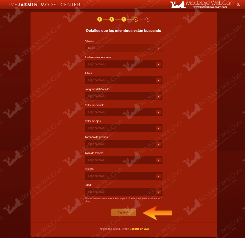 Formulario de aspectos físicos de la modelo webcam en LiveJasmin