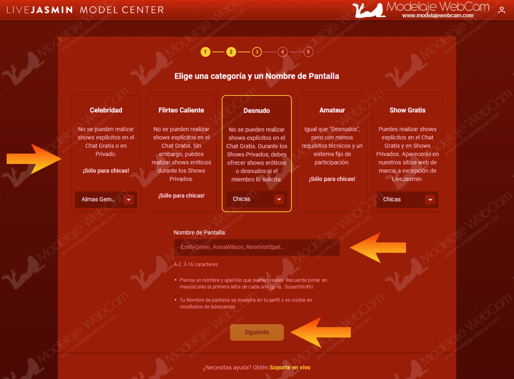 Tipo de categoria para transmitir en LiveJasmin
