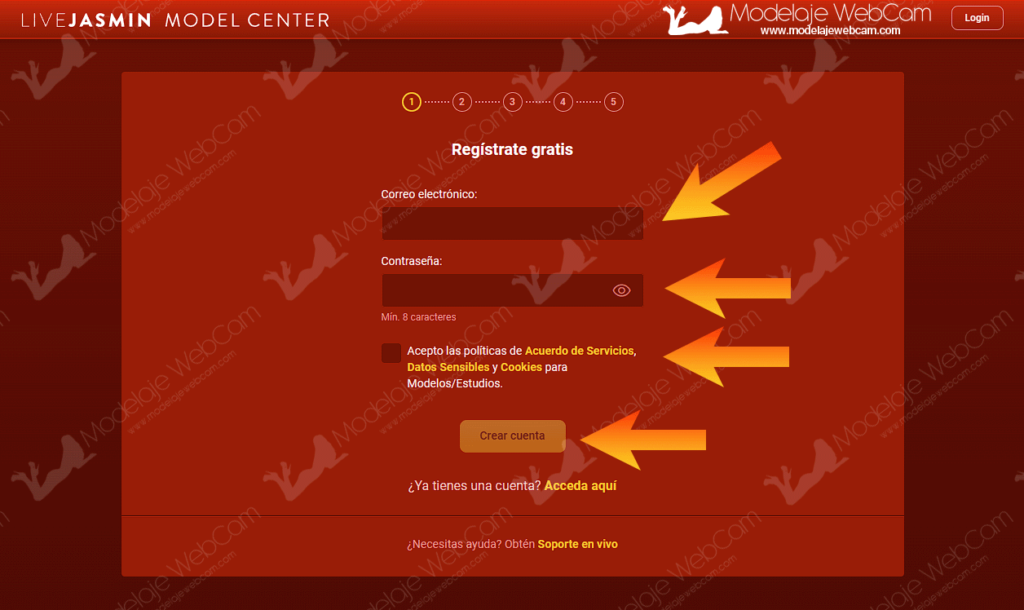 Registrar correo y contraseña en LiveJasmin