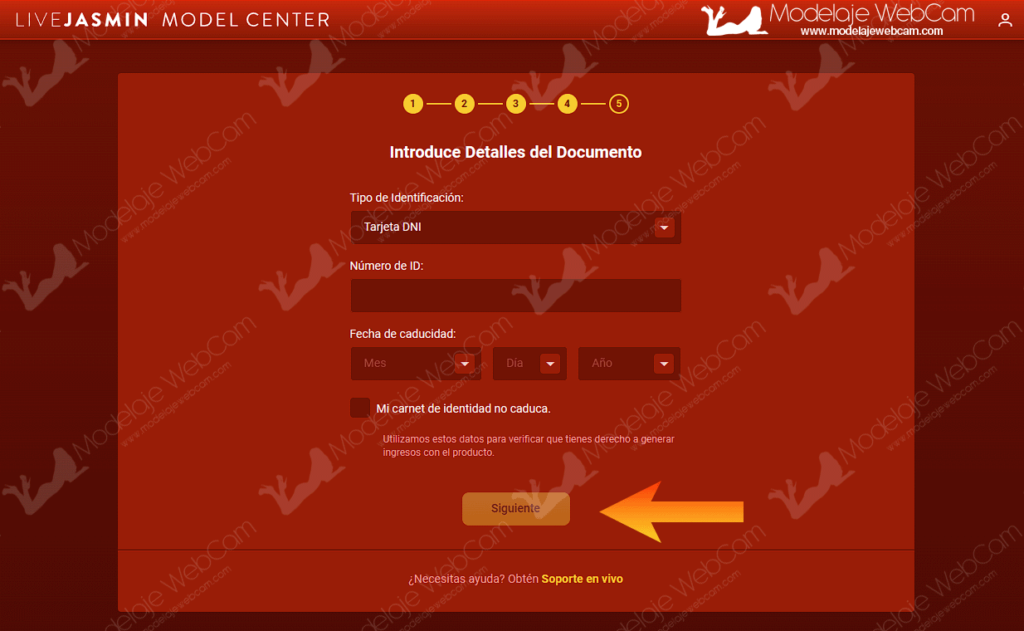 Ingresar datos de tu documento de identidad o ID en LiveJasmin