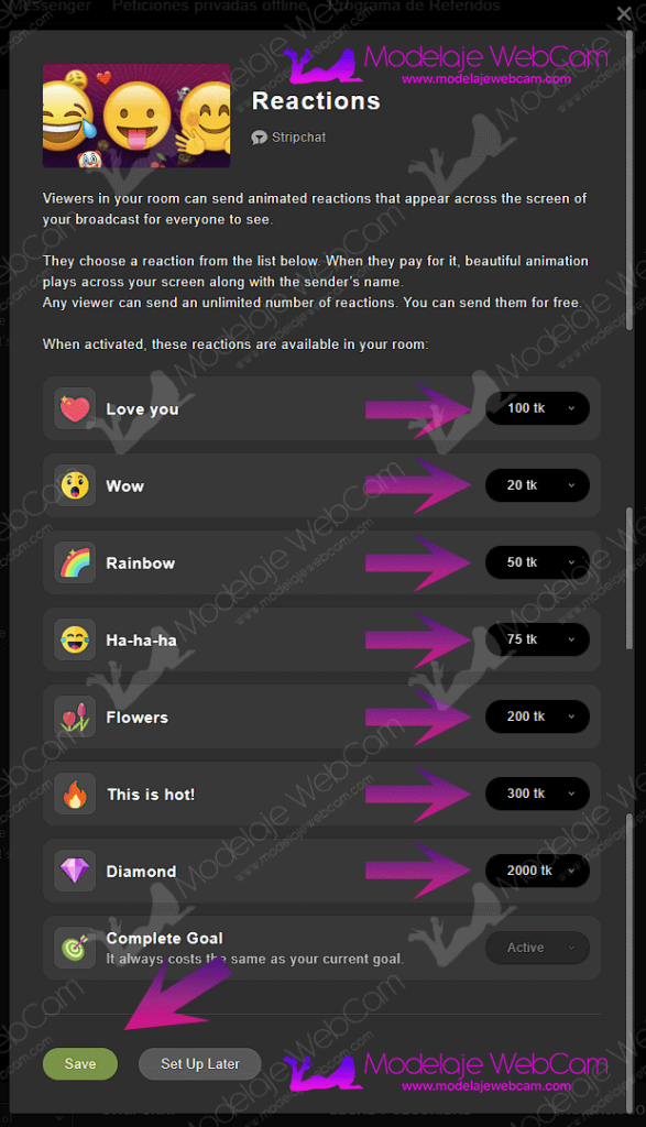Stripchat - Configuración de reacciones