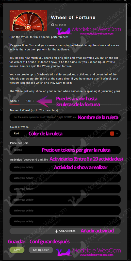 Configuración de la ruleta de la fortuna en Stripchat