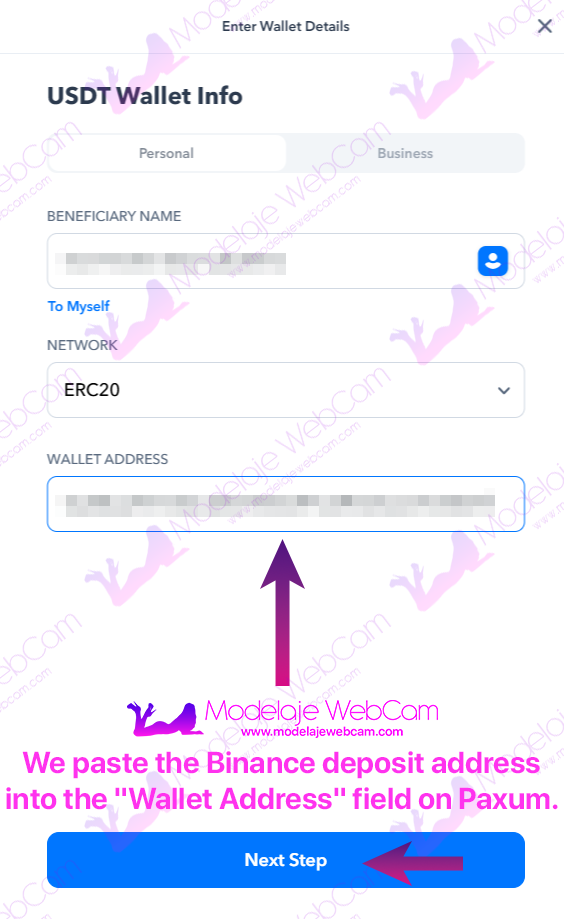 Paxum - Crypto - Paste Wallet Address on Details