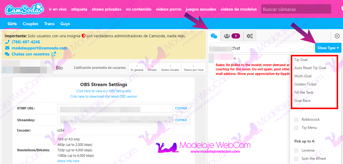 Crear metas u objetivos en CamSoda