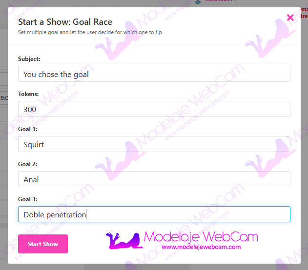 Create goal race on CamSoda