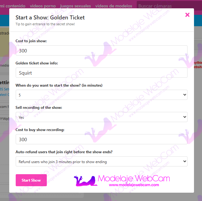 Crear meta golden ticket en CamSoda