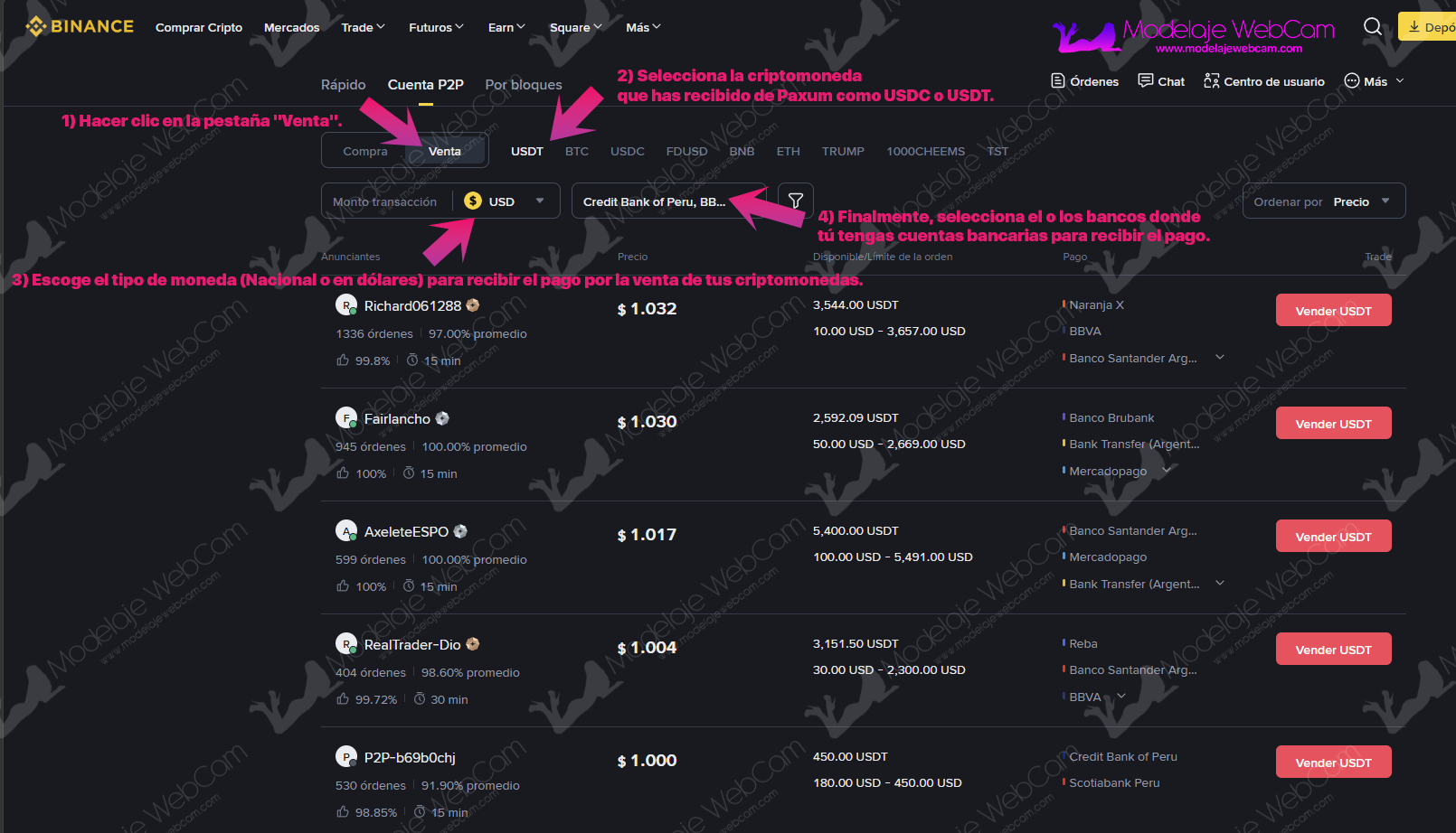 Lista de anunciantes o casas de cambios en Binance